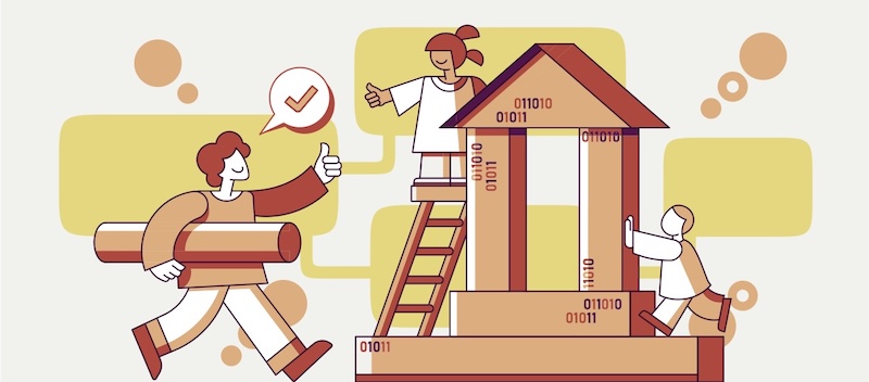 Illustration of diverse people collaborating to construct a house, showcasing teamwork