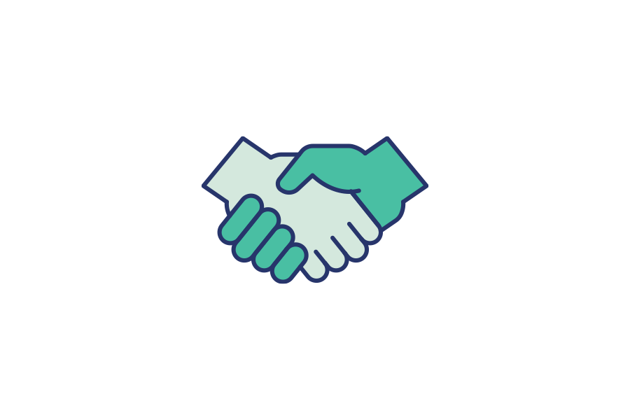 A green hand and a blue hand shaking hands